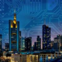A city with the nightsky as a circuit board
